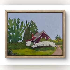 Charming Original Landscape Painting with Green and Red Accents